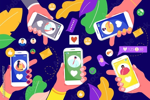 Mobile with social media technology, vector illustration. Person character ha...