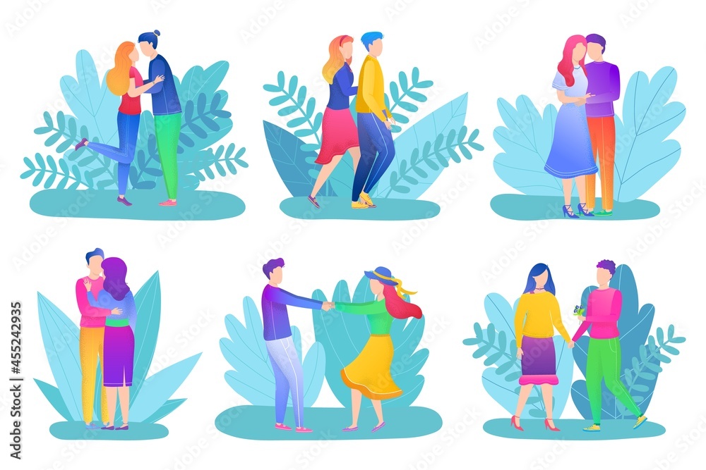 Love couple set, vector illustration. Happy young man woman character in relationship concept, people hug, kiss, walking at romantic date.