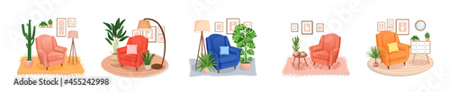 Set of cute interiors with an armchair. Cute interior with modern furniture and plants. Living room interior. Vector flat style illustration. Trendy scandinavian hygge apartment. Collection.