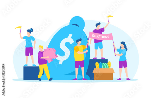 Donate money with charity, volunteer aid, vector illustration. Man woman character giving finan ial help, assistance and support. Volunteering people photo