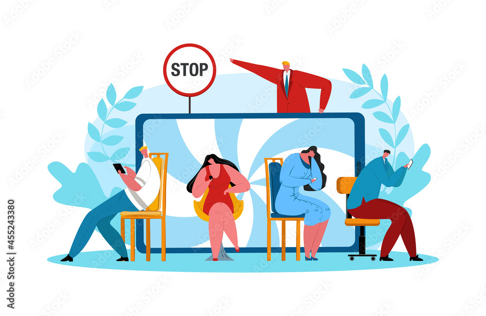Stop internet addiction, vector illustration. People use modern mobile technology, male person stopping man woman character addict to smartphone.
