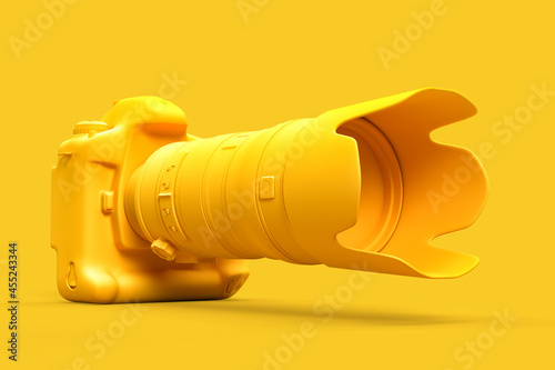 DSLR camera with telephoto zoom lens on yellow background. 3D illustration