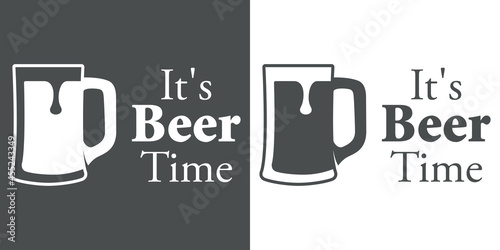 Logotipo con texto It's Beer Time con silueta de jarra de cerveza con espuma en fondo gris y fondo blanco