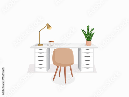 Workspace with table, plant, chair, lamp and cup on isolated white background for home office, cabinet, remote work, freelancing, teaching. Vector illustration in flat cartoon style.
