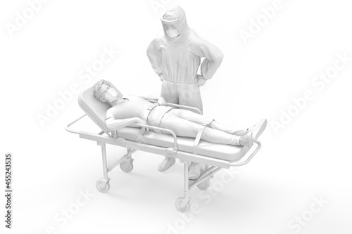 Paramedic in protective suite and patient on gurney. 3D illustration