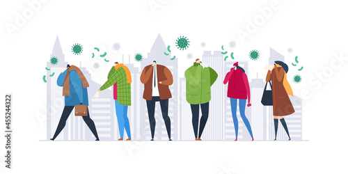 Cold sickness season, vector illustration. Ill man woman people character at street, virus disease bacteria around sick person. Flat patient cough
