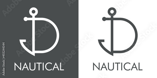 Logotipo con texto Nautical y silueta de ancla de barco con forma de letra inicial D con lineas en fondo gris y fondo blanco