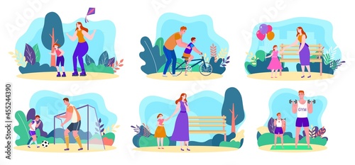 Family outdoor activity set, vector illustration, cartoon happy man woman character active in park together, isolated on white collection.