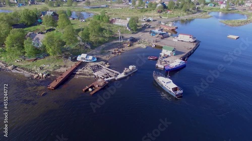  Solovki Russia the boat is approaching the pier aerial drone footage 4K