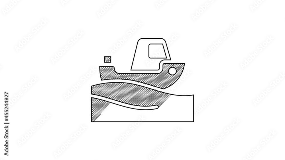 Black line Fishing boat on water icon isolated on white background. 4K Video motion graphic animation Black line Fishing boat on water icon isolated on white background. 4K Video motion graphic animation