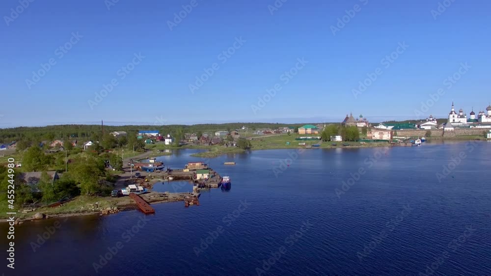 Solovki kremlin Russia aerial drone long panoram, old russian tower on island 4K Solovki kremlin Russia aerial drone long panoram, old russian tower on island 4K