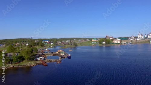 Solovki kremlin Russia aerial drone long panoram, old russian tower on island 4K