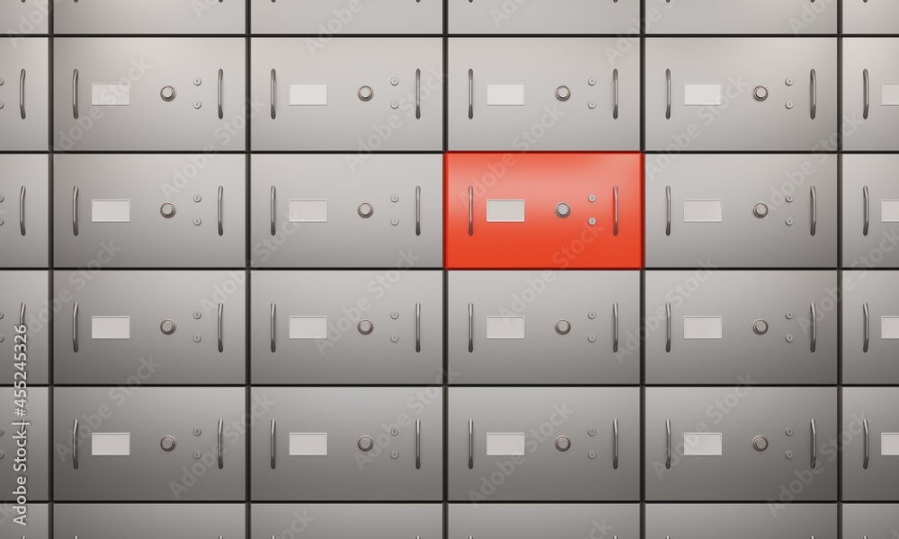 Safety deposit boxes, wall with closed silver doors and one red, front view. Metal individual bank lockers in vault for secure storage valuables, money and documents. Realistic illustration, 3d render Safety deposit boxes, wall with closed silver doors and one red, front view. Metal individual bank lockers in vault for secure storage valuables, money and documents. Realistic illustration, 3d render