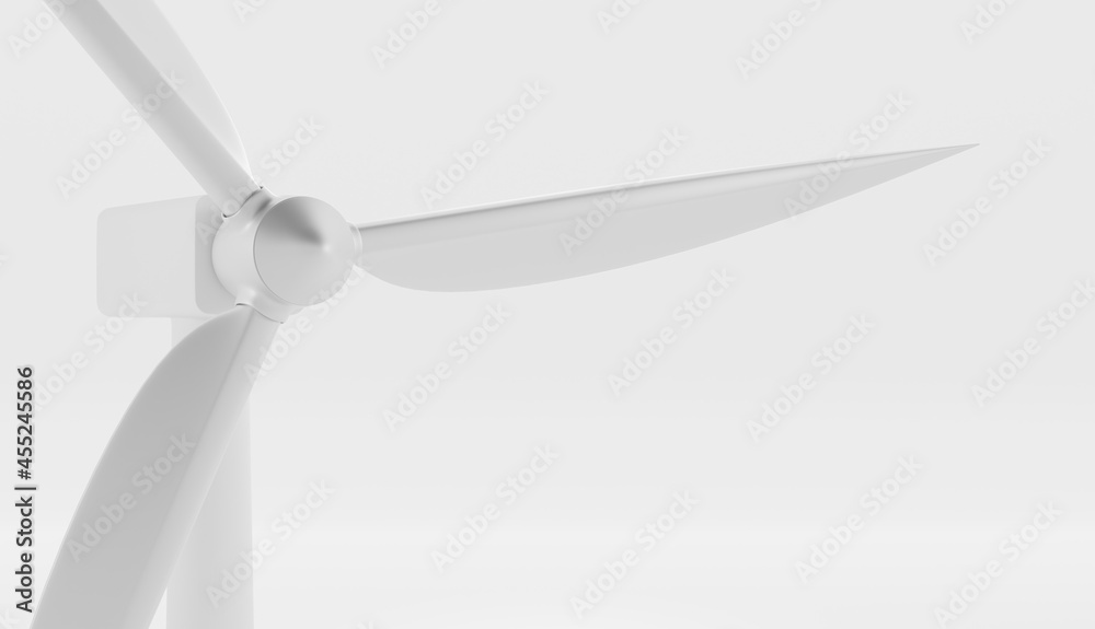 Wind turbine closeup angle view 3d render. Realistic illustration mockup of windmill with long vanes isolated on white background. Alternative renewable power generation, green energy concept Wind turbine closeup angle view 3d render. Realistic illustration mockup of windmill with long vanes isolated on white background. Alternative renewable power generation, green energy concept