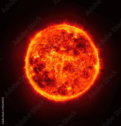 3d rendering of Sun Solar Atmosphere on black background. Splashes of prominences, hot Solar flare on the surface. 3D Solar illustration in High Quality. Space view. Science footage