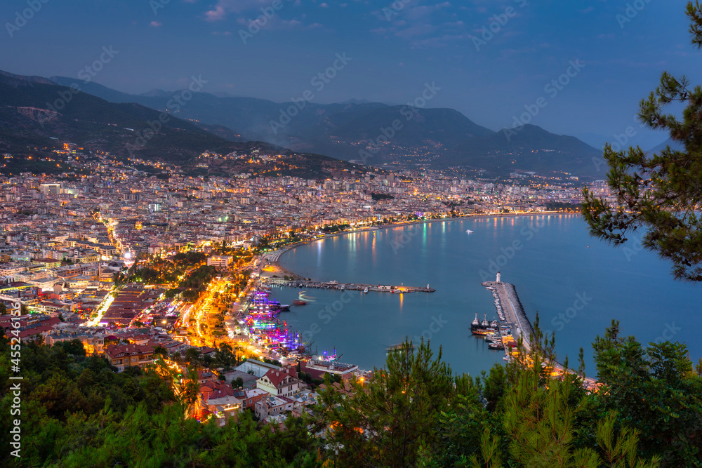 Fototapeta premium Alanya city scenery by the mediterranean sea at dusk. Turkey