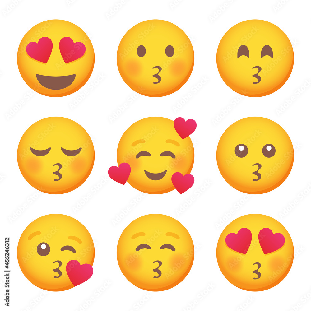 Set of love and kissing emoticon smile icons. Cartoon emoji set. Vector emoticon set