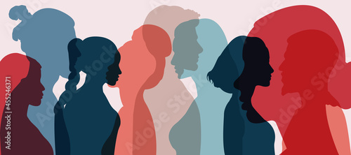 Silhouette group of multiethnic women and man who talk and share ideas and information. Communication and friendship women or girls of diverse cultures. Women social network community. Speak 