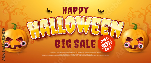 Realistic halloween sale banner with scary pumpkins illustration