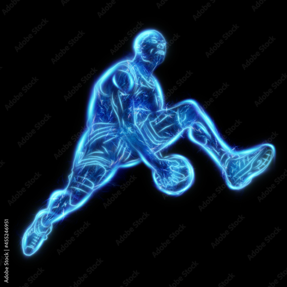 Neon image of a professional basketball player jumping with a ball. Creative collage, sports flyer. Basketball concept, sport, game, healthy lifestyle. Copy space, 3D illustration, 3D render