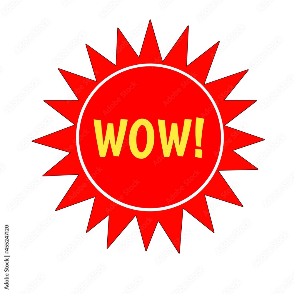 WOW message 3d speech bubble red label. Sticker or icon star graphic in yellow letters