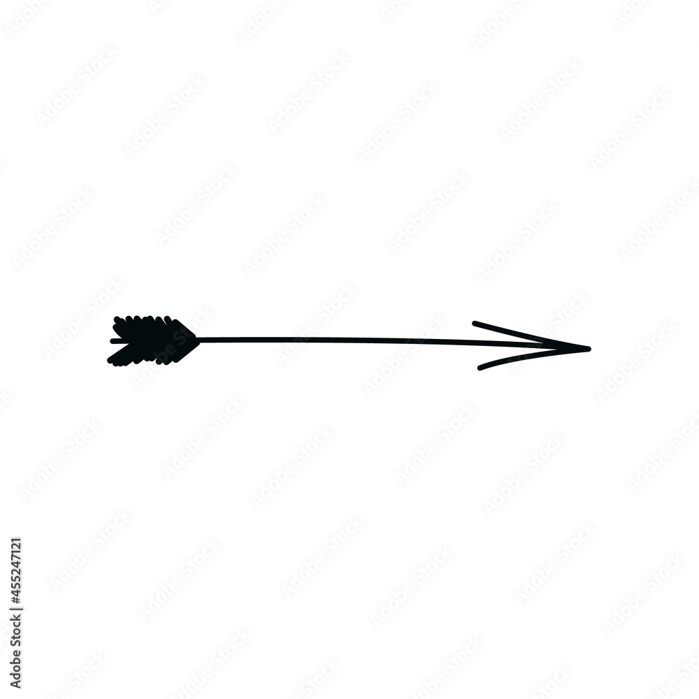 Doodle arrow. Hand-drawn boho arrow with a tip and feathers. Vector stock illustration of decorative element of small arms of blue color isolated on white background. Doodle arrow. Hand-drawn boho arrow with a tip and feathers. Vector stock illustration of decorative element of small arms of blue color isolated on white background.