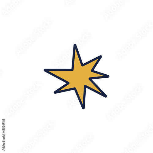 Cartoon yellow star. Hand drawn star outline. Vector stock illustration of celestial element isolated on white background.