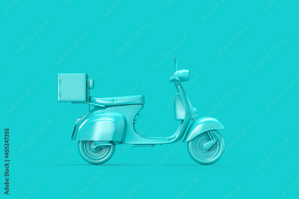 Side view of vintage teal scooter on teal background. 3D Rendering