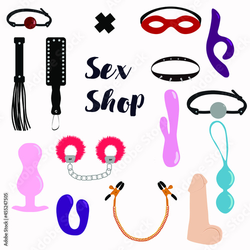 Vector various BDSM tools: an eye mask, handcuffs, a leather whip, a collar and a nipple clamp, a dildo. Icons for a sex shop
