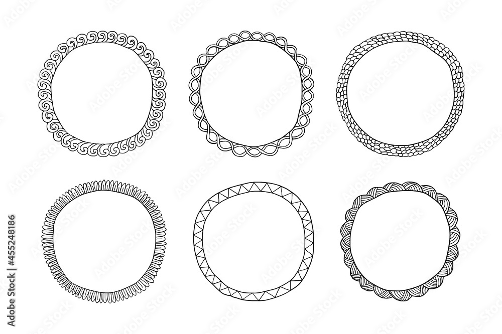 Set of handdrawn round frames. Ornament in a circle isolated. Free hand drawn frames. Vector