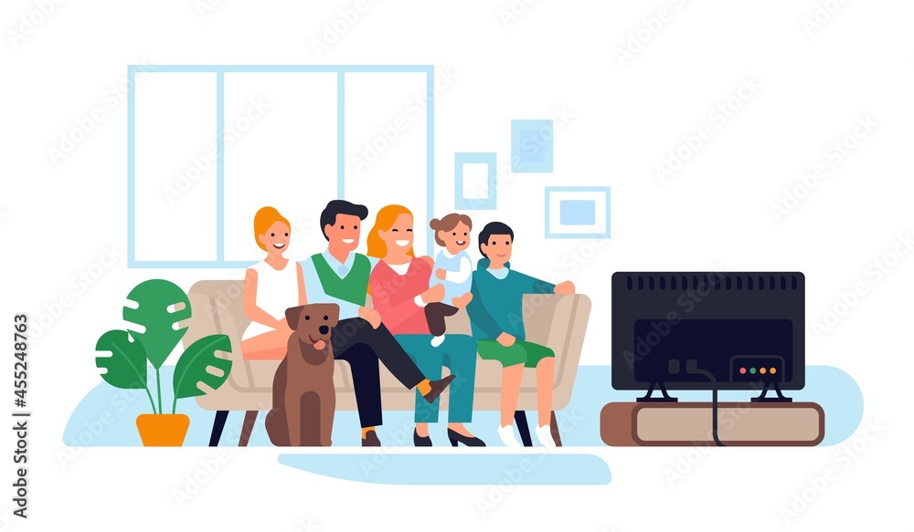 Family in room interior. Happy people on sofa watches tv, parents and children and dog relax evening, viewing movie together. Vector concept