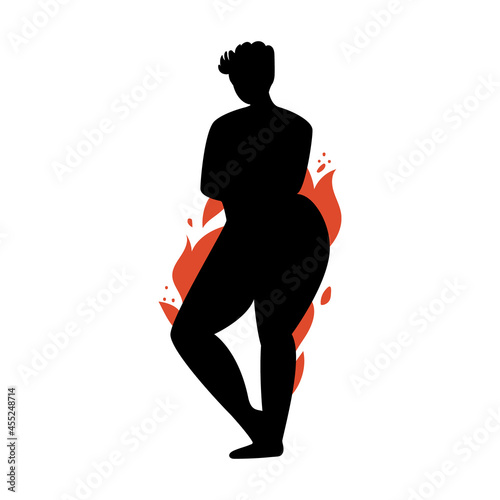 Female silhouette on a white background. Girl power with fiery forms posing. Vector stock illustration of a confident woman without complexes isolated.
