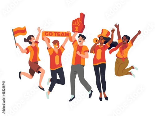 Sport fans. Happy friends rooting for their soccer team, supporters watch football game, competitions audience, cheerleading. Vector set photo