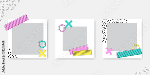 Retro collage style, 80s, 90s instagram social media story post frame template. Vintage bright minimal background with washi tape, stickers and dots.Set of banners with abstract geometric pattern.