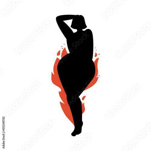 Female silhouette on a white background. Young girl with fiery forms posing. Vector stock illustration of a confident woman without complexes isolated.