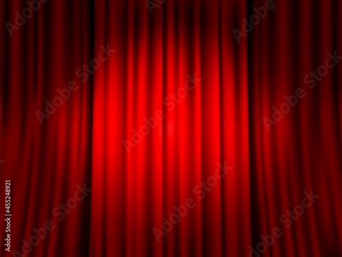 Closed red curtain. Spotlight round spot on red velvet veil background, drama theater, velours textile drape stage decor. Vector background