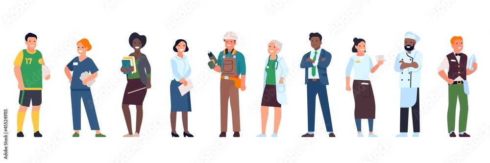 Different professions people. Job variations, men and women characters in uniform, teacher, doctor, carpenter and businessman, vector set