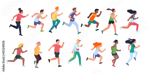 Running people. Sport activity, men and women run, athletes in uniforms, different runners characters, international marathon
