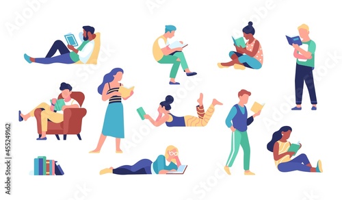 People read books. Adults characters while reading, bibliophiles and book lovers, getting knowledge, development and education vector set