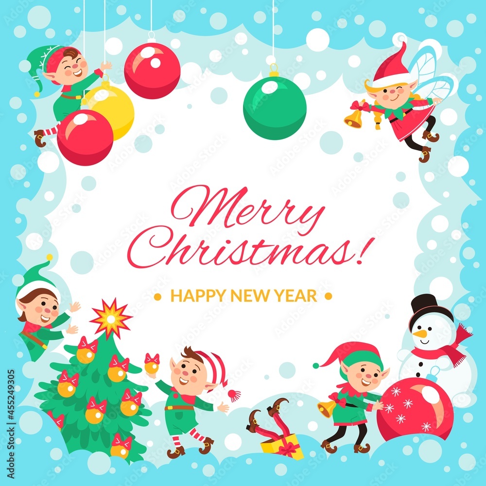 Christmas elves poster. New year holiday greeting card, funny little little people, Santas helpers, winter main celebration, vector concept