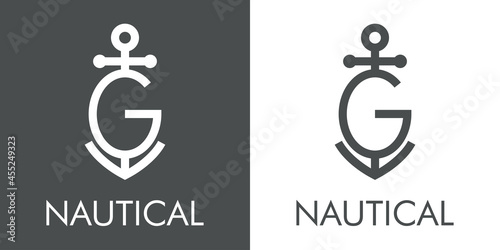 Logotipo con texto Nautical y silueta de ancla de barco con forma de letra inicial G con lineas en fondo gris y fondo blanco