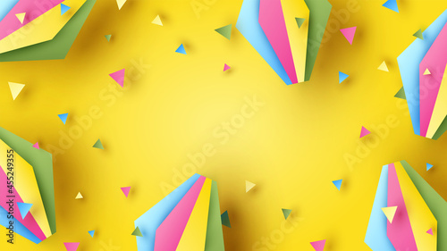 Festa Junina festival with party paper lantern and colorful confetti on yellow blank space. Festa Funina background. paper cut and craft style. vector, illustration.
