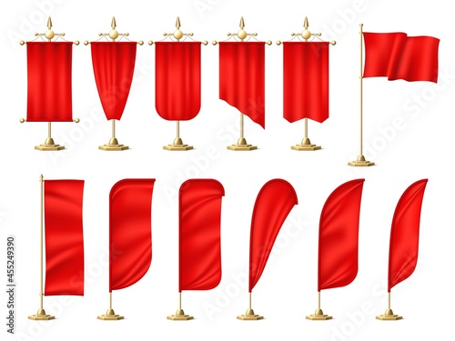Blank red flags. Realistic vertical signage and pennants on gold flagpoles, empty mockups, different shapes fabric templates. Vector banners