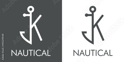 Logotipo con texto Nautical y silueta de ancla de barco con forma de letra inicial K con lineas en fondo gris y fondo blanco