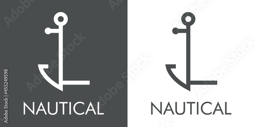 Logotipo con texto Nautical y silueta de ancla de barco con forma de letra inicial L con lineas en fondo gris y fondo blanco