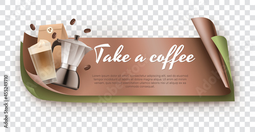 Take a coffee banner 3d realistic vector design. Horizontal template with coffee making tools. Menu, invitation, business card, flyer, packaging, branding illustration on transparent background.