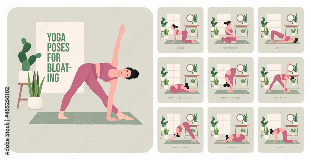 	
Yoga poses For Bloating. Young woman practicing Yoga pose. Woman workout fitness, aerobic and exercises. Vector Illustration