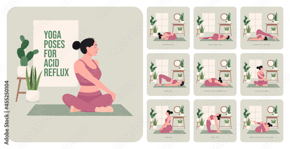 	
Yoga poses For Acid Reflux relief. Young woman practicing Yoga pose. Woman workout fitness, aerobic and exercises. Vector Illustration