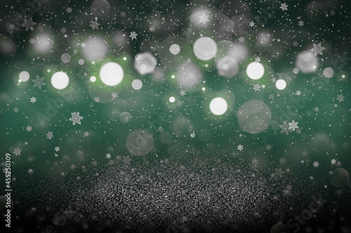 beautiful glossy glitter lights defocused bokeh abstract background with falling snow flakes fly, celebratory mockup texture with blank space for your content © Dancing Man
