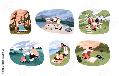 People at plein air painting. Set of painters with easels drawing and sketching landscapes outdoors. Artists creating pictures of nature outside. Flat vector illustration isolated on white background